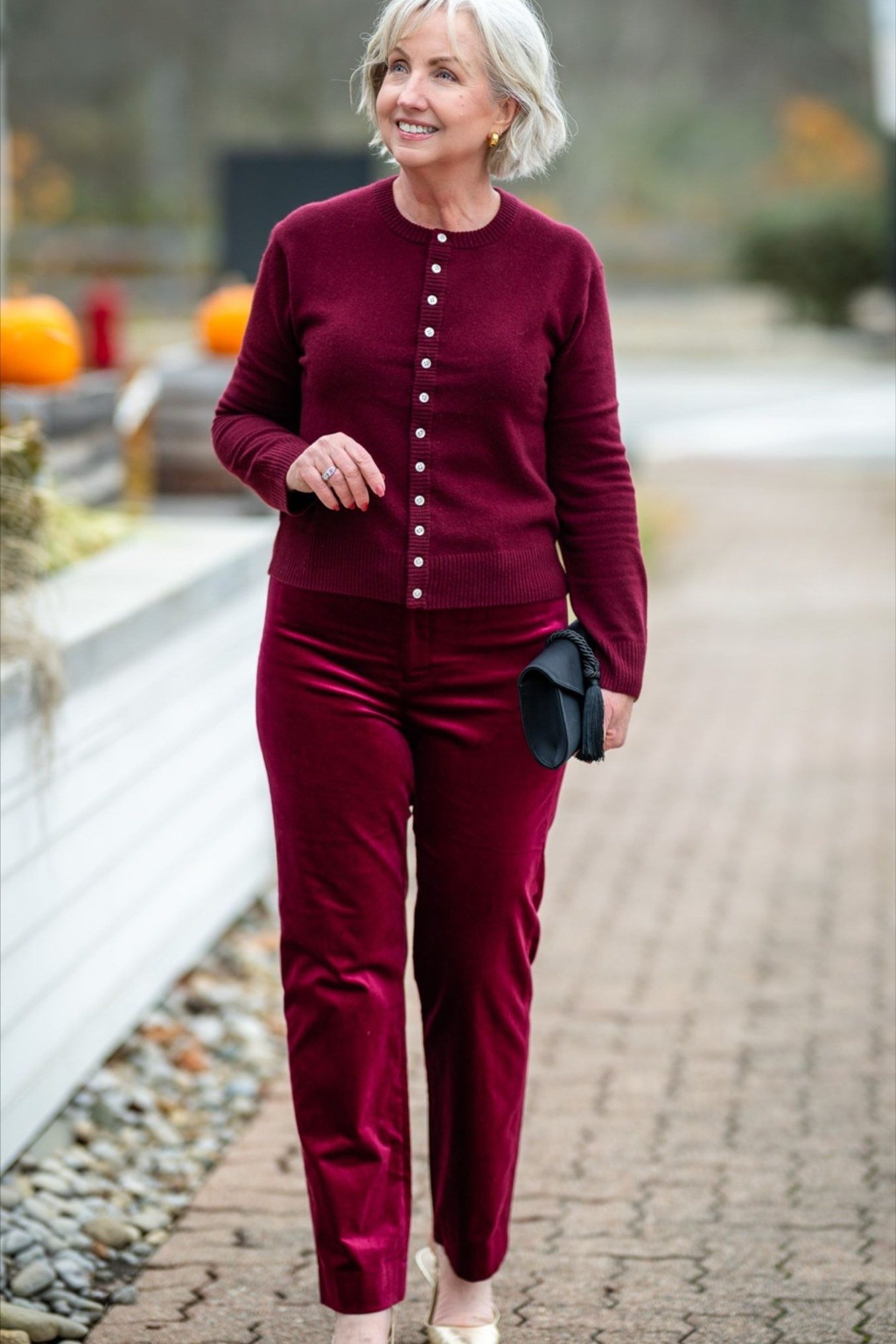 Burgundy Velvet Cardigan And Trousers - velvet evening outfit for women over 60