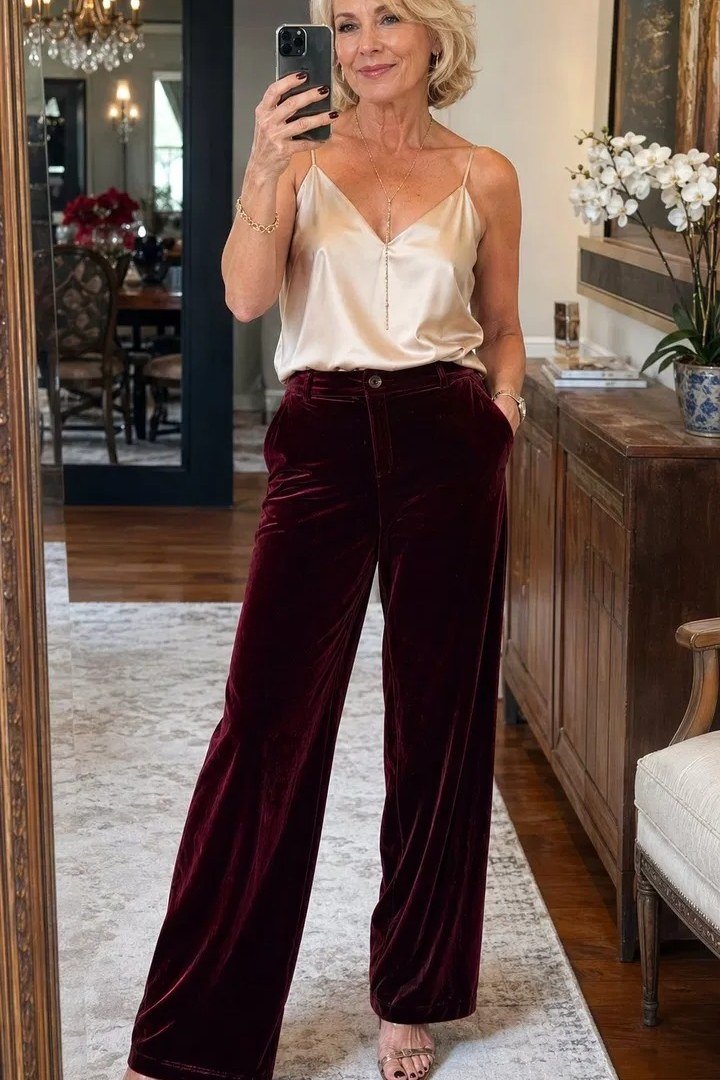 Champagne Camisole With Velvet Wide Legs - velvet evening outfit for women over 60