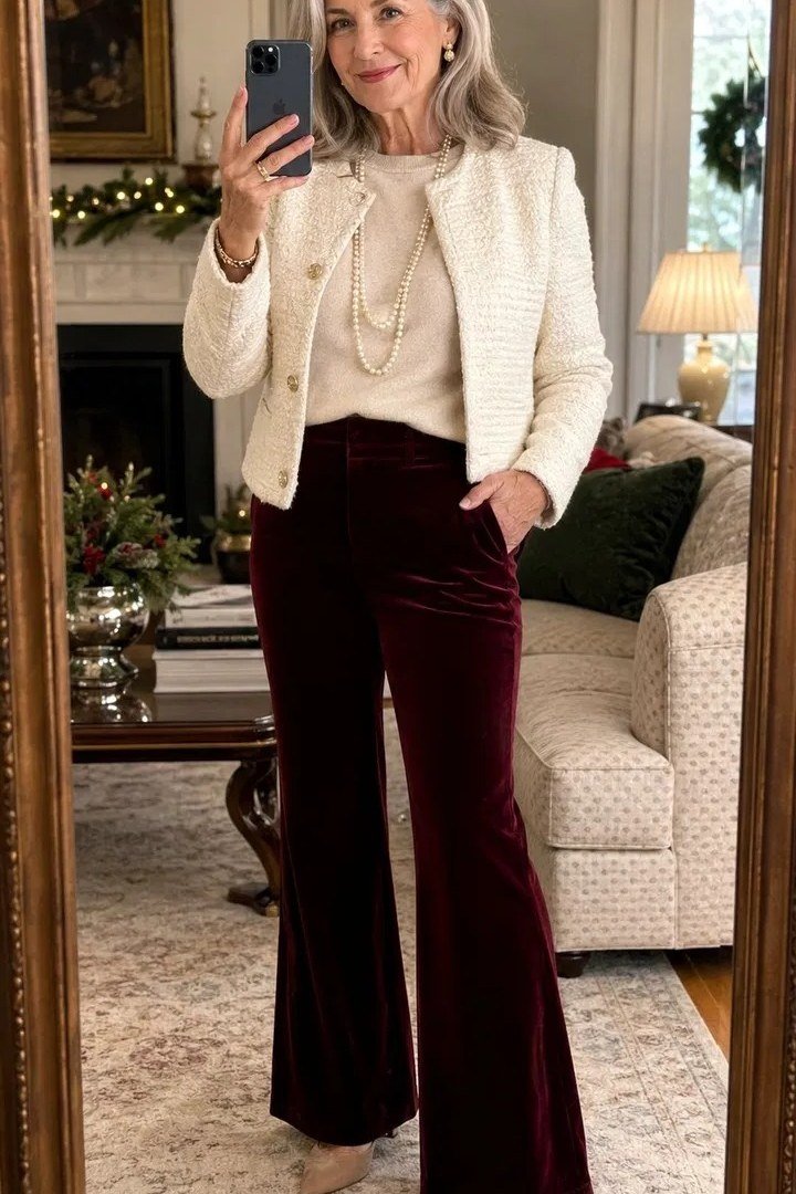 Cream Tweed Jacket With Velvet Flares - velvet evening outfit for women over 60