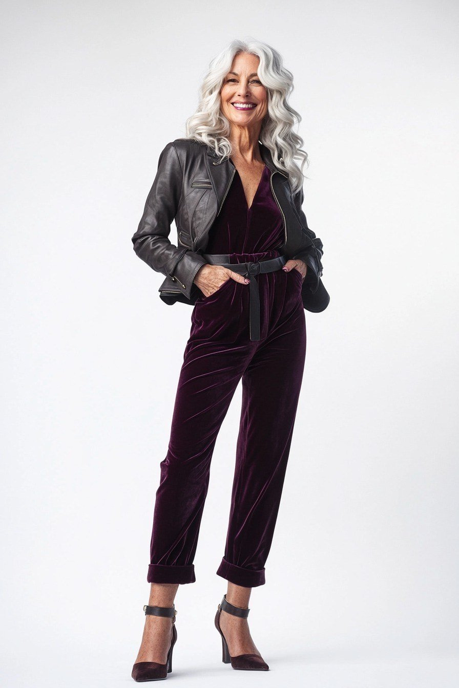 Plum Velvet Jumpsuit With Moto Jacket - velvet evening outfit for women over 60