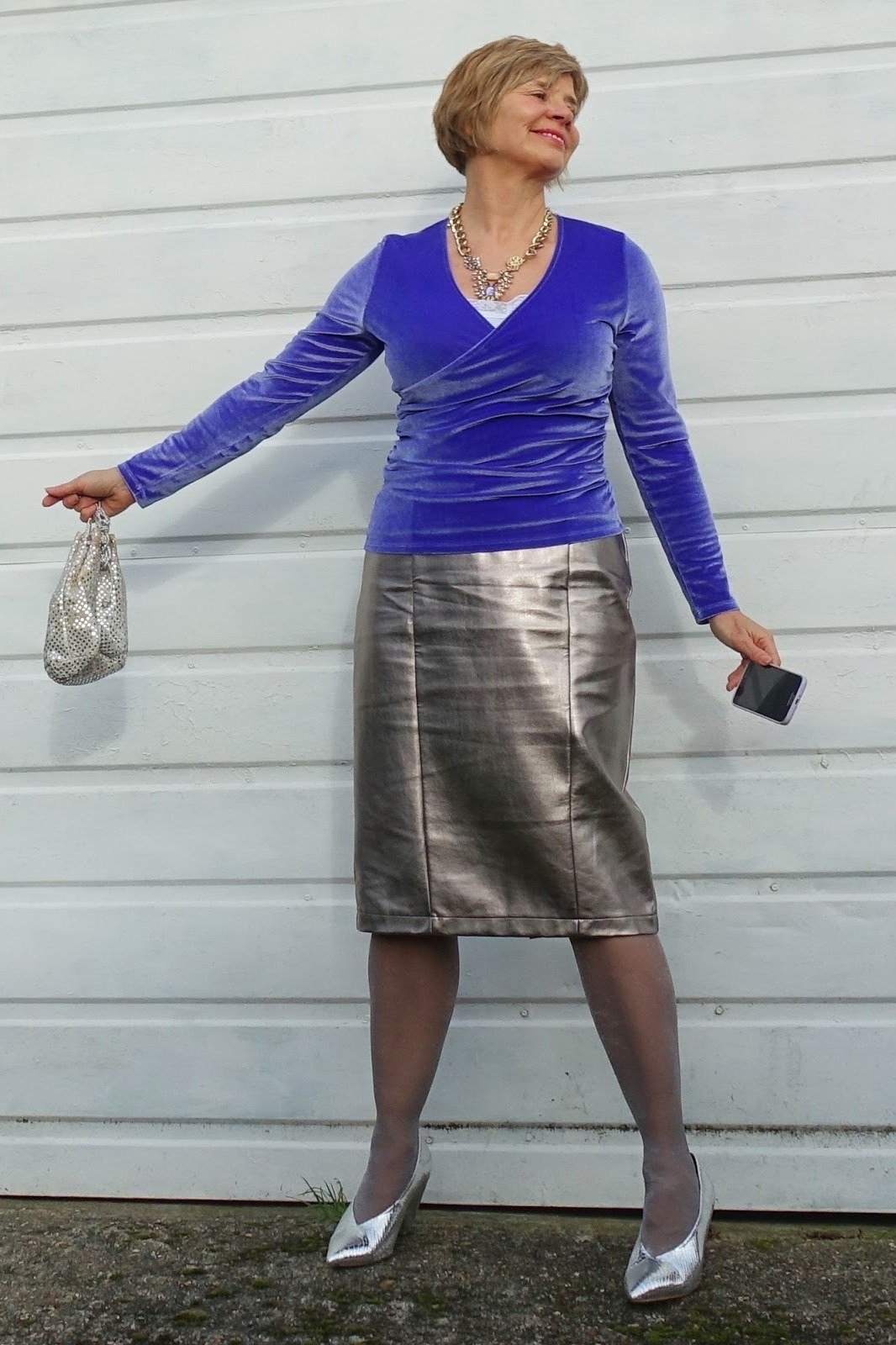 Royal Blue Velvet With Silver Pencil Skirt - velvet evening outfit for women over 60