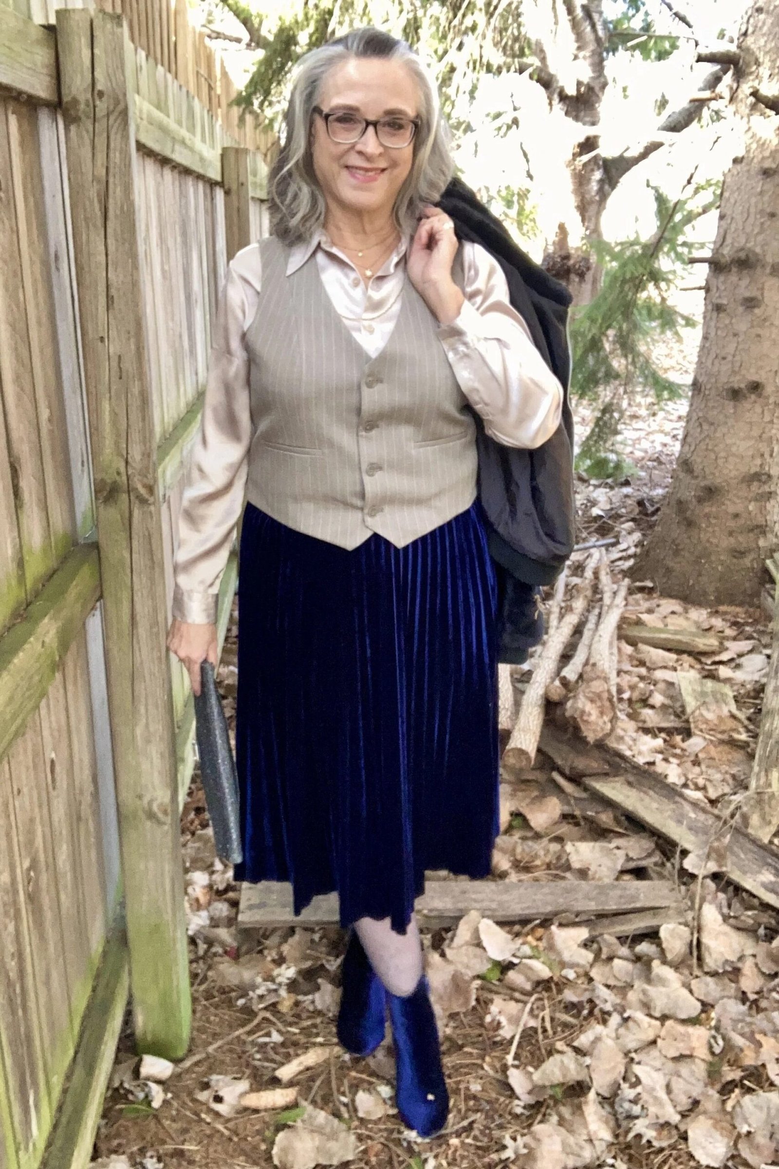 Navy Pleated Velvet Skirt With Beige Vest - velvet evening outfit for women over 60