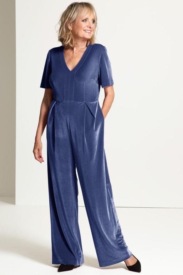 Periwinkle Velvet Jumpsuit With Short Sleeves - velvet evening outfit for women over 60
