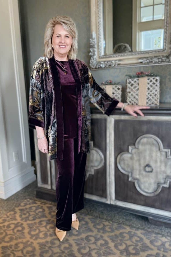 Plum Velvet Suit With Floral Kimono - velvet evening outfit for women over 60