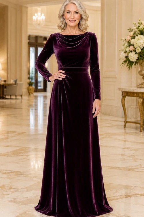 Burgundy Velvet Gown With Draped Neckline - velvet evening outfit for women over 60