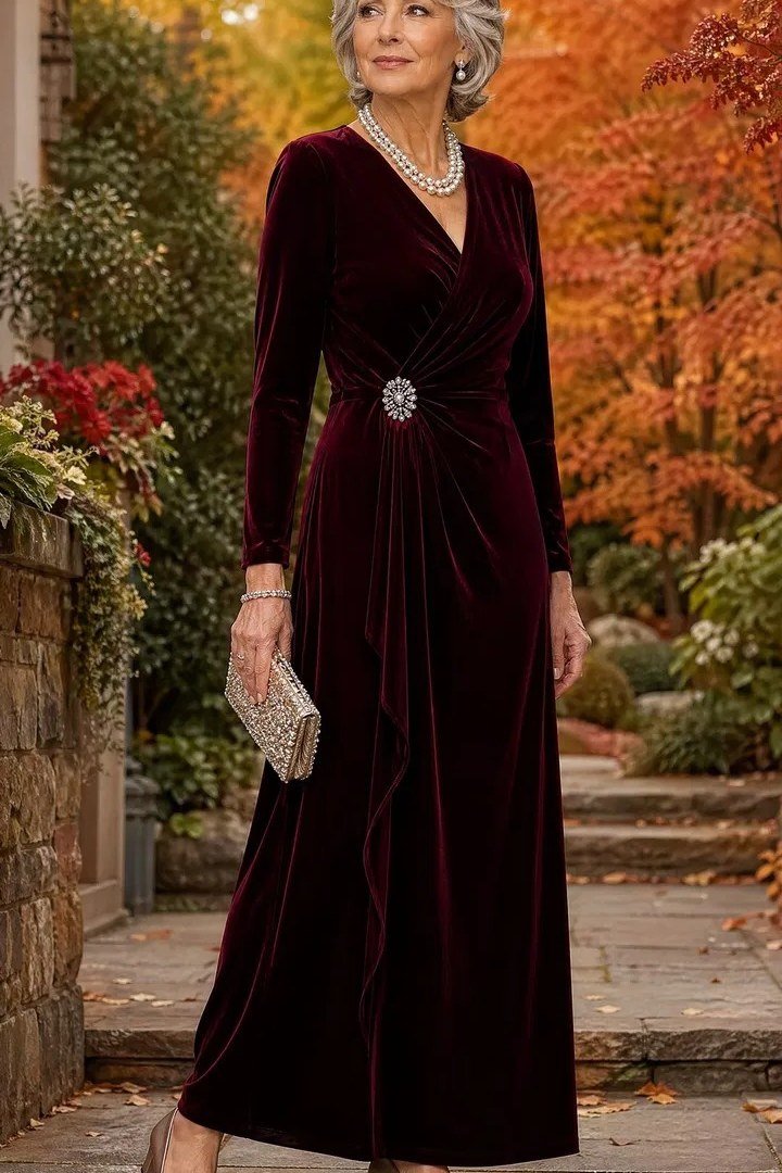Burgundy Maxi Dress With Crystal Brooch - velvet evening outfit for women over 60