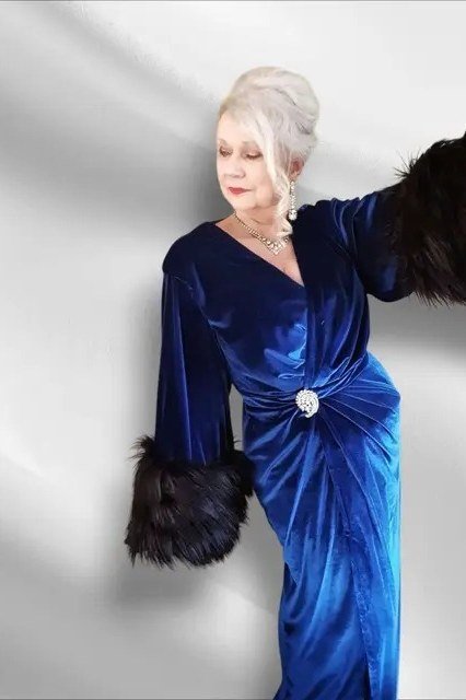 Royal Blue Velvet Dress With Fur Cuffs - velvet evening outfit for women over 60