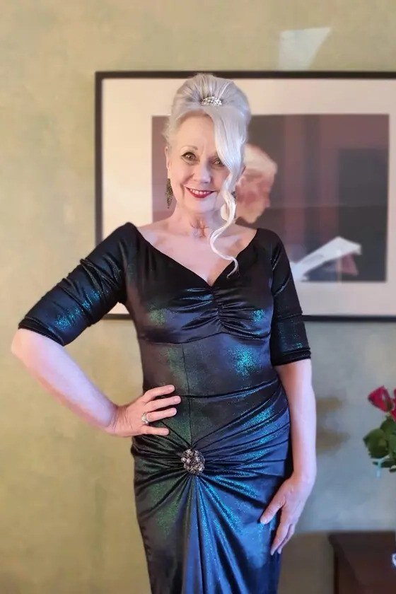 Dark Teal Ruched Velvet Midi Dress - velvet evening outfit for women over 60