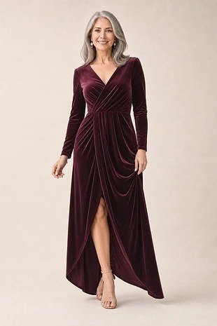 Burgundy Wrap Maxi Dress With Slit - velvet evening outfit for women over 60