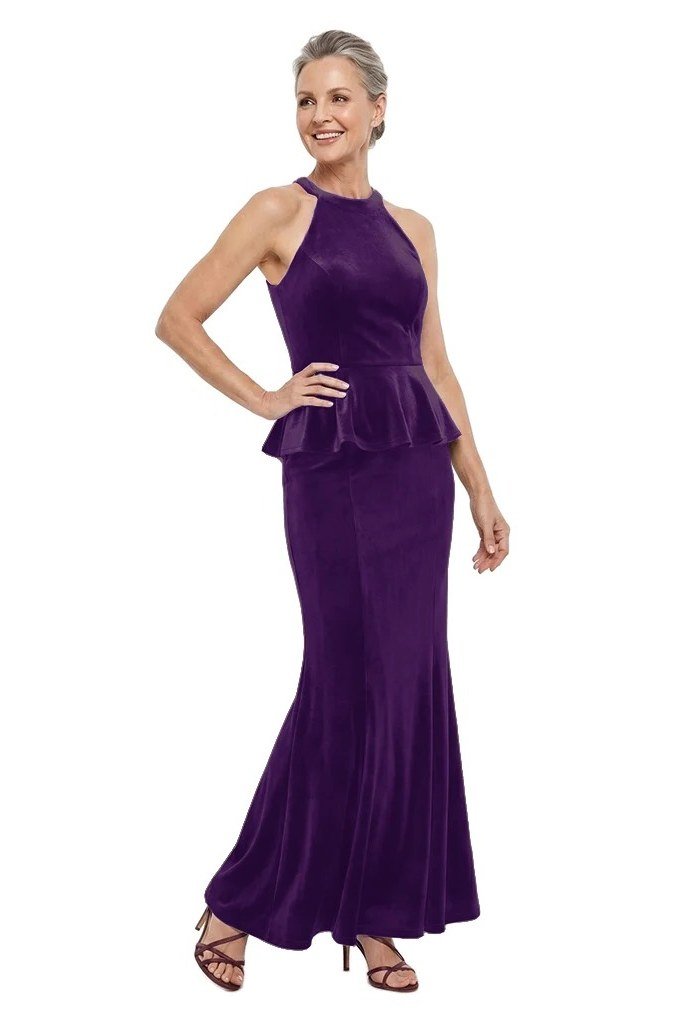 Purple Halter Neck Velvet Gown - velvet evening outfit for women over 60