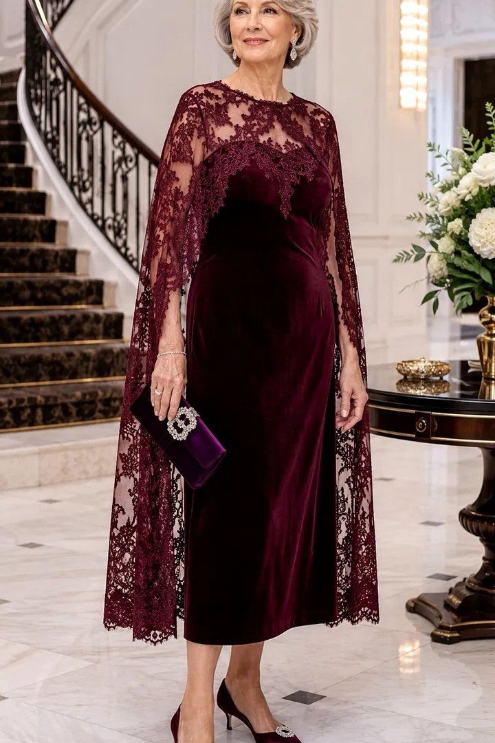 Burgundy Velvet Midi with Lace Cape - velvet evening outfit for women over 60