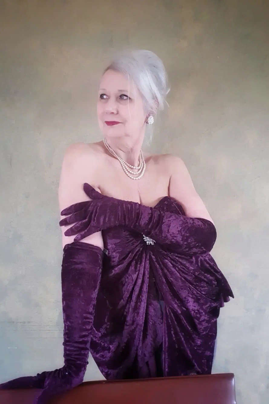 Purple Velvet Strapless Gown with Long Gloves - velvet evening outfit for women over 60
