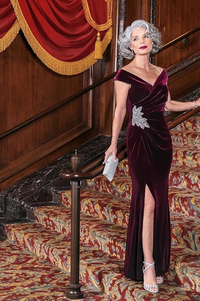 Burgundy Off-Shoulder Gown with Thigh Slit - velvet evening outfit for women over 60