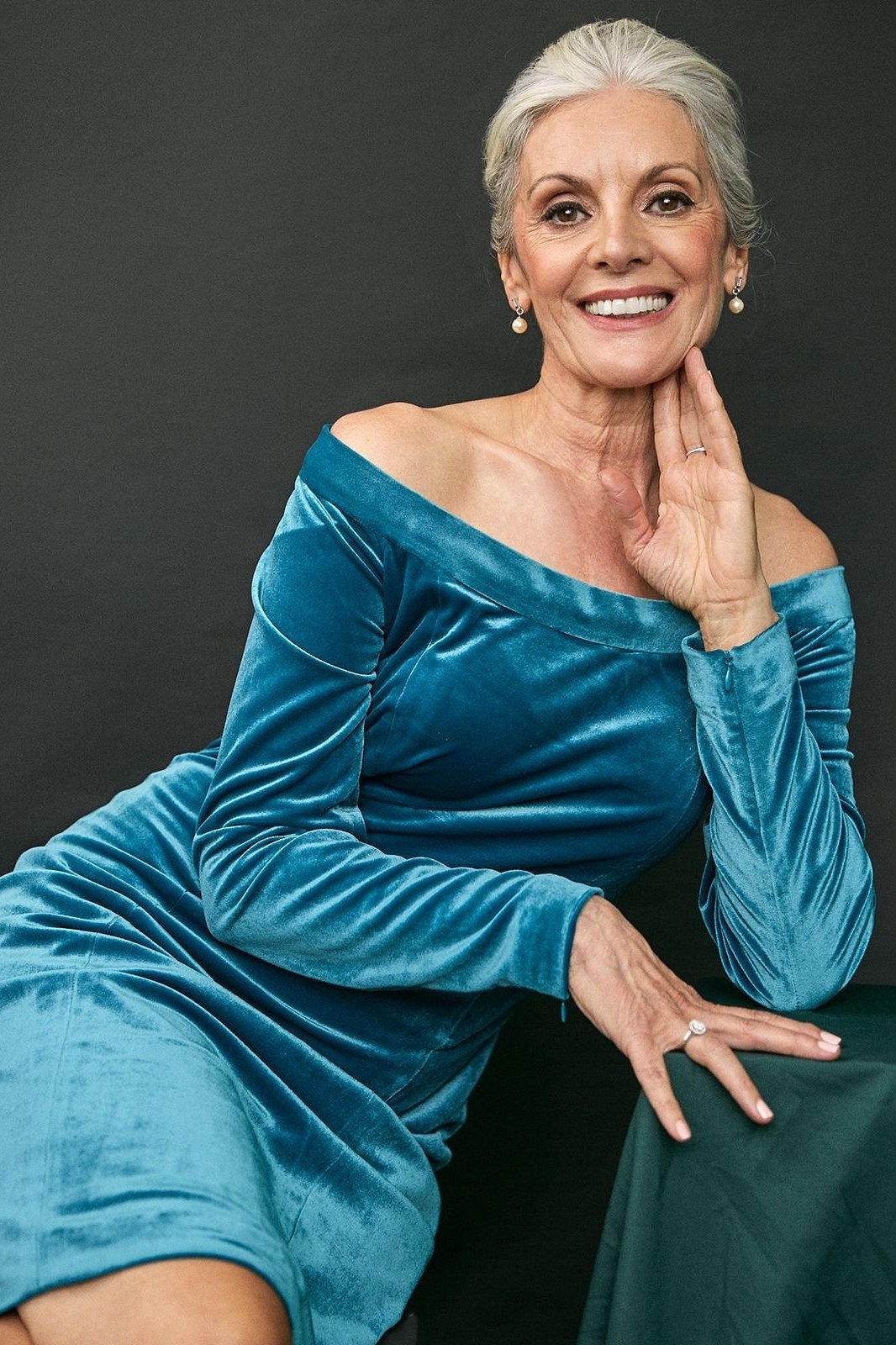 Teal Off-Shoulder Velvet Midi - velvet evening outfit for women over 60