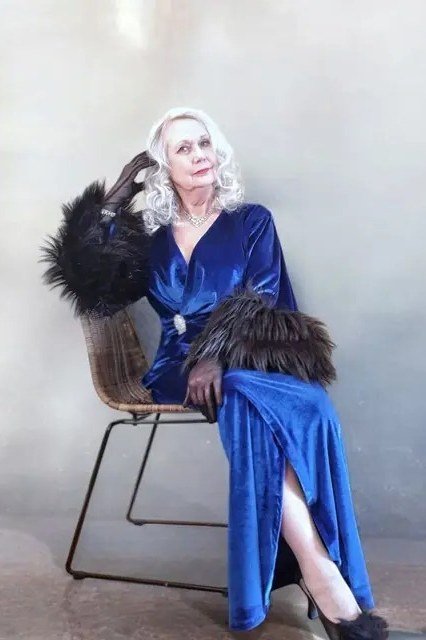 Royal Blue Velvet Gown with Fur Stole - velvet evening outfit for women over 60