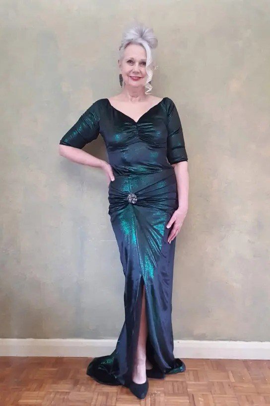 Shimmering Teal Velvet Evening Gown - velvet evening outfit for women over 60