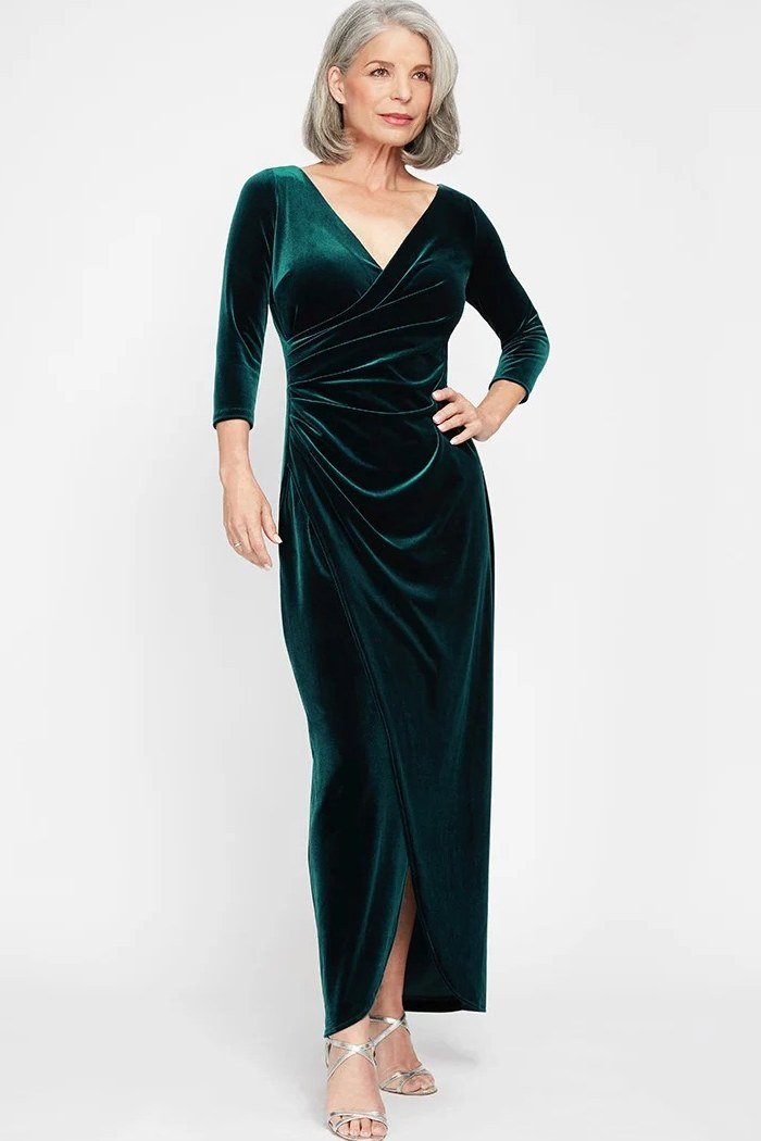Emerald Velvet Wrap Gown - velvet evening outfit for women over 60