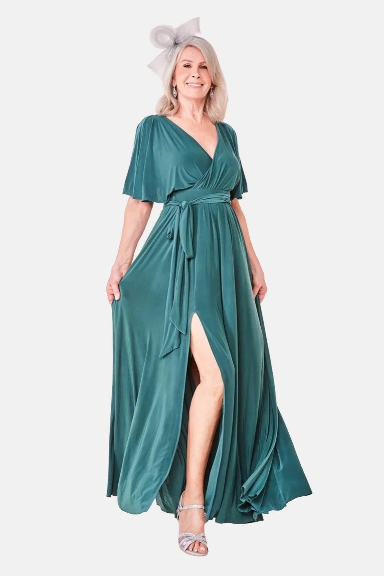 Teal Velvet Gown with Thigh Slit - velvet evening outfit for women over 60