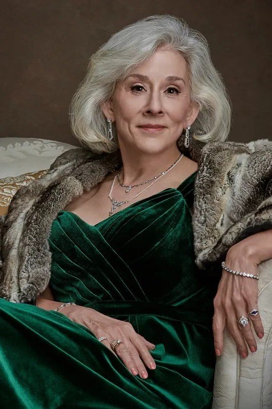 Emerald Velvet Gown with Fur Stole - velvet evening outfit for women over 60