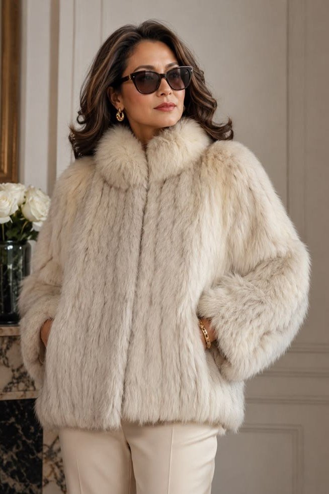 Winter outfit idea 9 for women over 60: cream fox fur jacket with cream trousers, interior