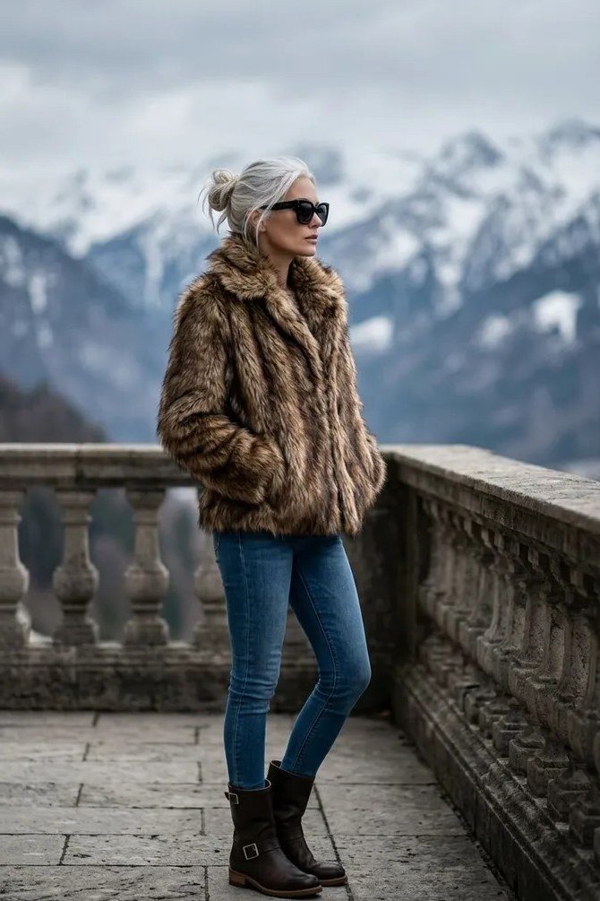 Winter outfit idea 10 for women over 60: brown fur coat with jeans and boots, mountain view
