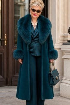 Winter outfit idea 18 for women over 60: teal fur-trim coat with wide-leg trousers