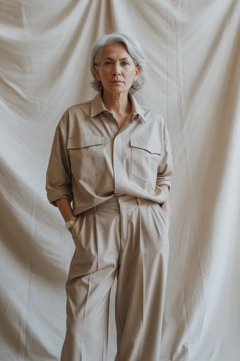 Winter outfit idea 32 for women over 60: taupe shirt with wide-leg trousers, studio