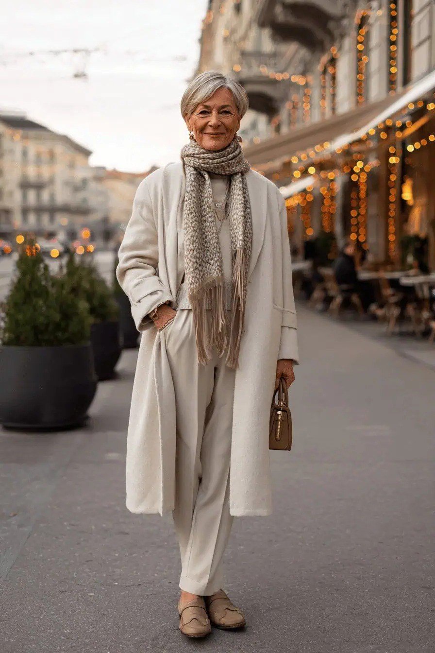Winter outfit idea 35 for women over 60: cream coat with scarf, evening street