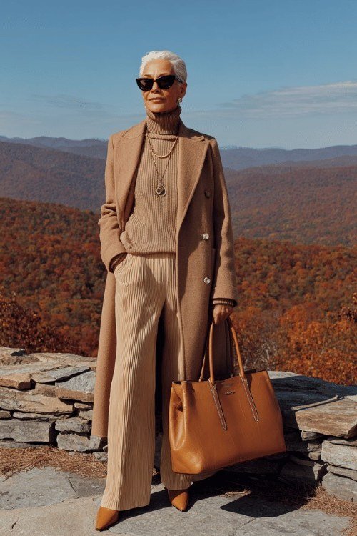 Winter outfit idea 37 for women over 60: camel knit top with wide trousers, mountain view