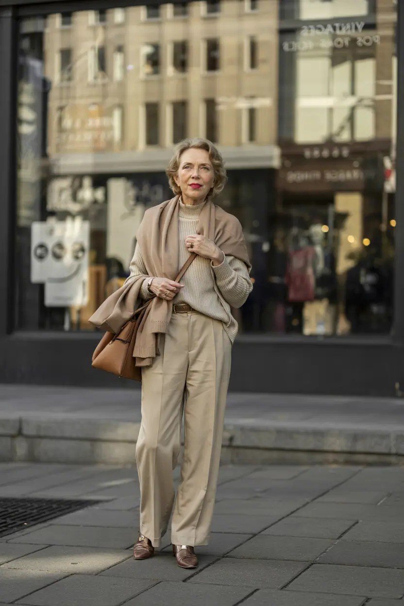Winter outfit idea 40 for women over 60: taupe monochrome outfit, city street