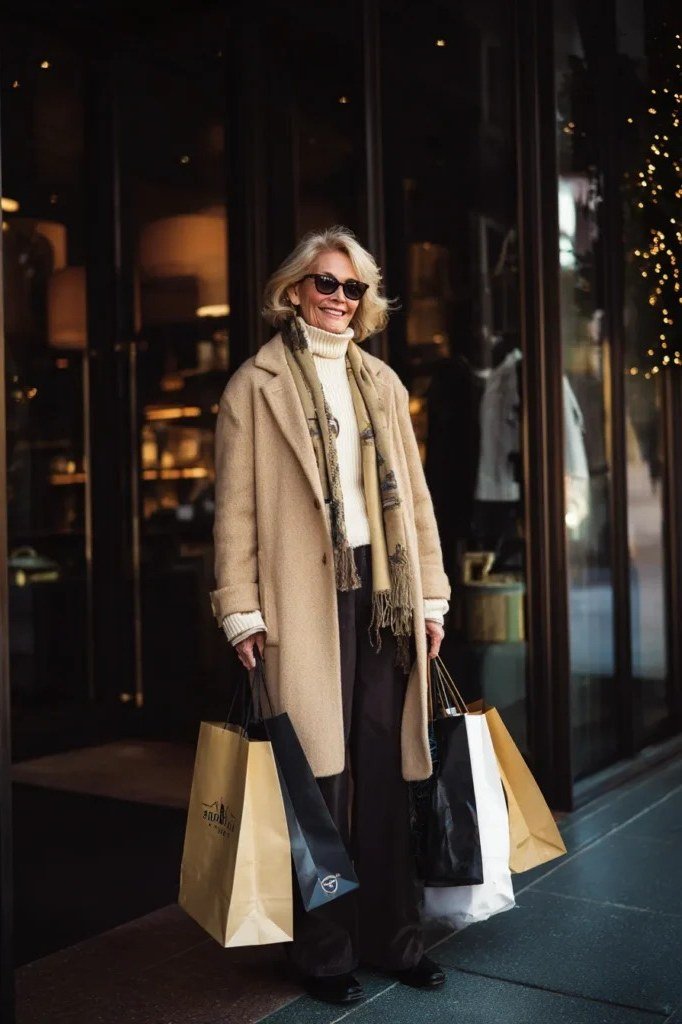 Winter outfit idea 45 for women over 60: camel coat with shopping bags, night street