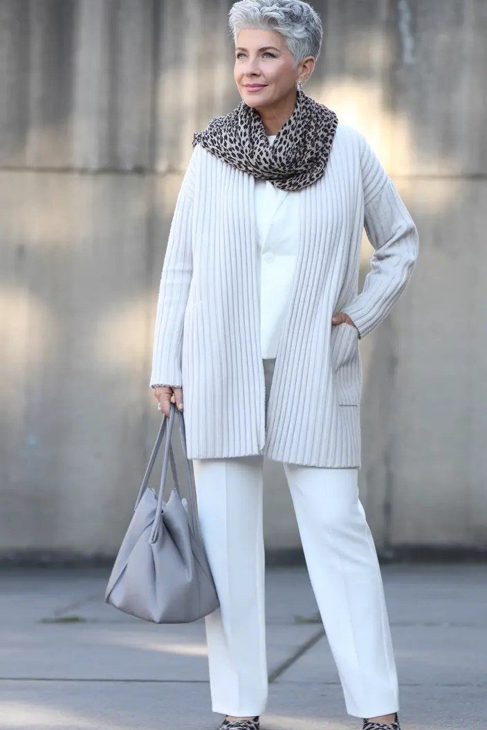 Winter outfit idea 47 for women over 60: white cardigan with white trousers and leopard scarf