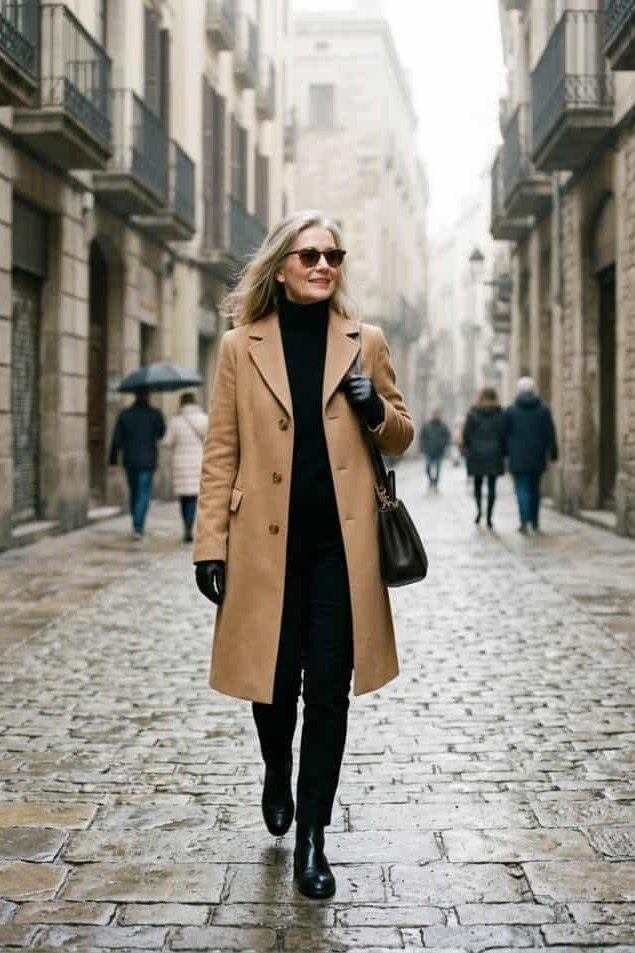 Winter outfit idea 61 for women over 60: camel coat with black outfit, cobblestone street