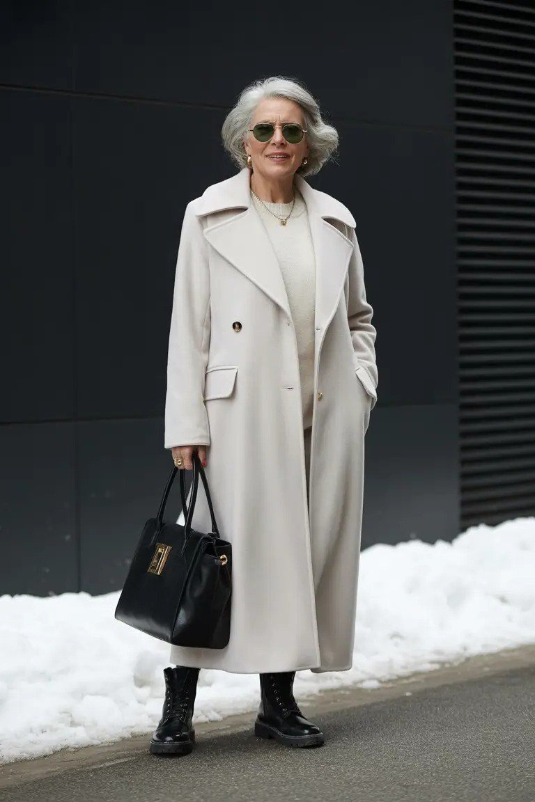 Winter outfit idea 62 for women over 60: white long coat with black handbag, snow