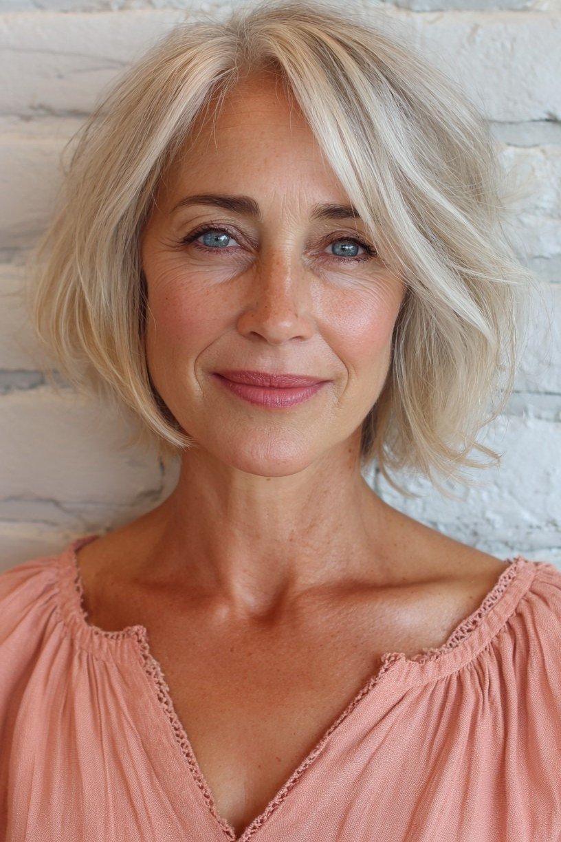 Platinum layered bob, front view, mature - voluminous layered bob hairstyle for women over 50
