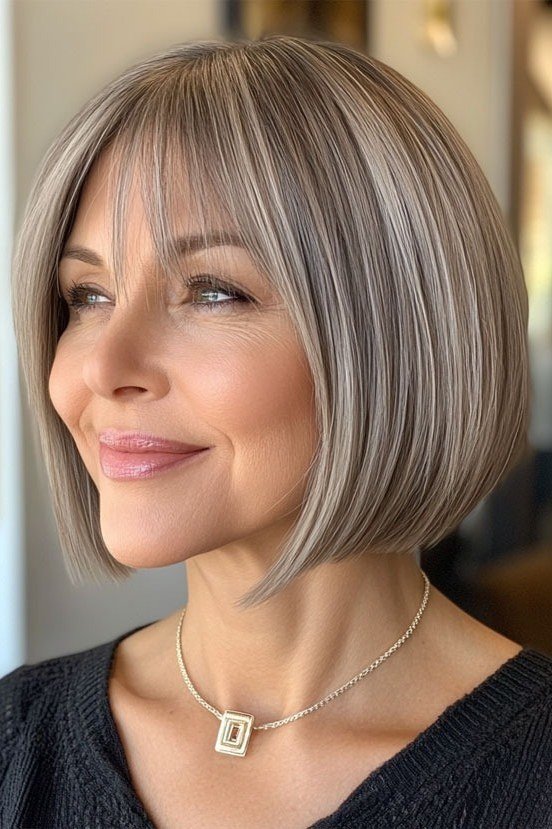 Silver layered bob, front view, mature - voluminous layered bob hairstyle for women over 50