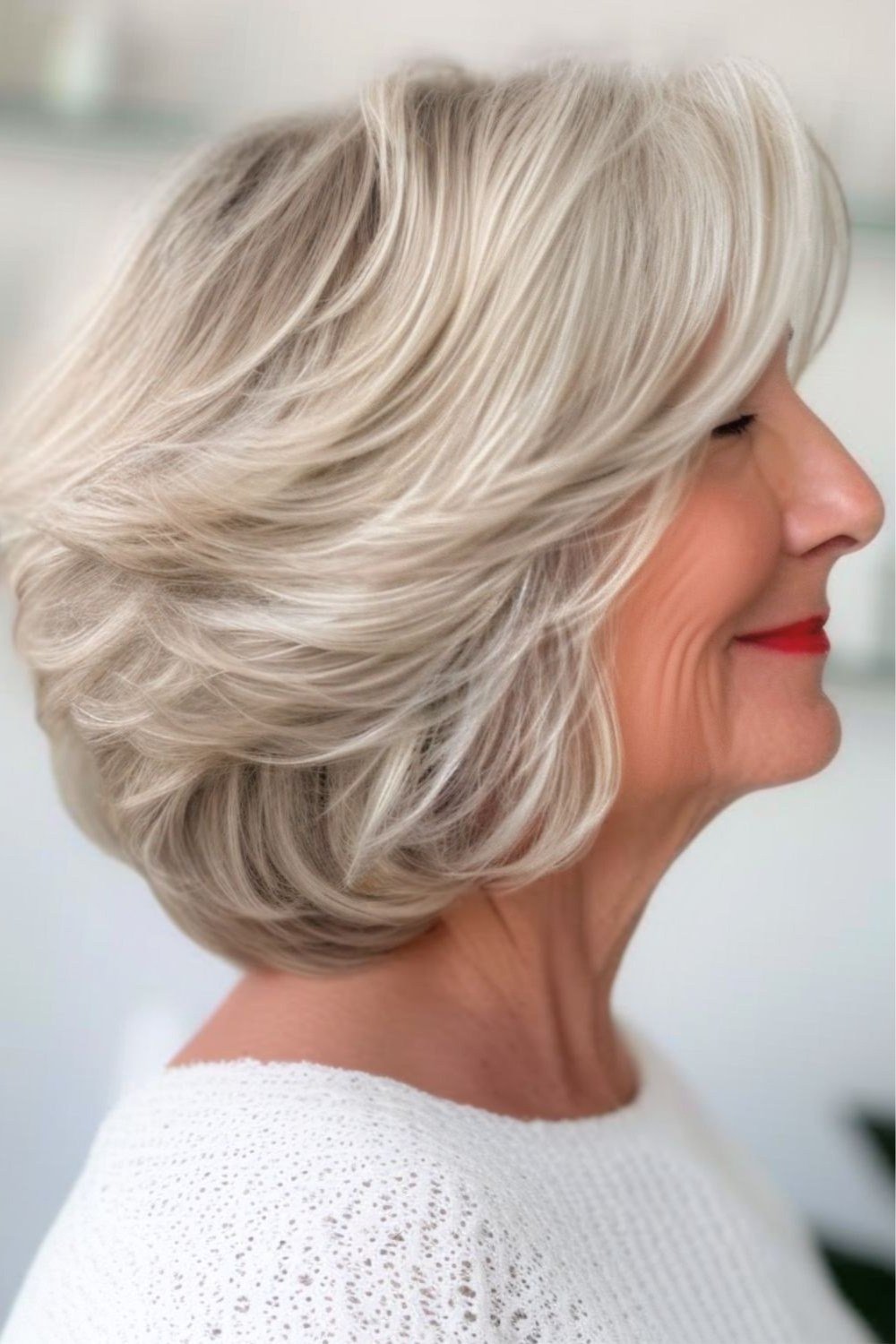 Silver layered bob, side view, mature - voluminous layered bob hairstyle for women over 50