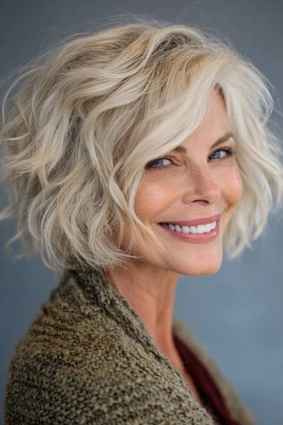 Silver wavy layered bob, front view, mature - voluminous layered bob hairstyle for women over 50