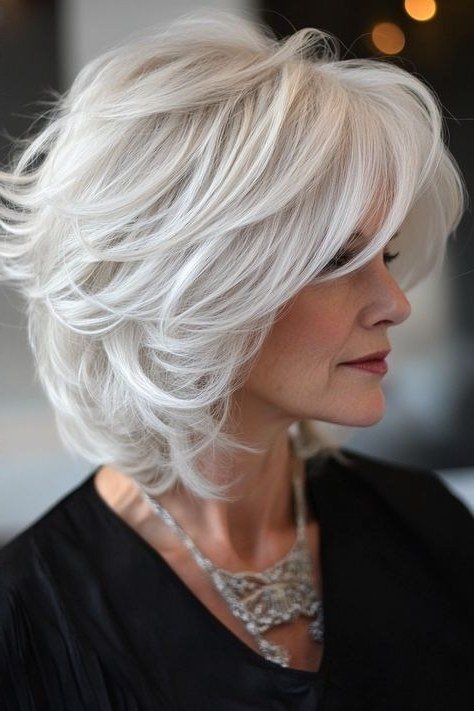 White voluminous layered bob, side view, mature - voluminous layered bob hairstyle for women over 50