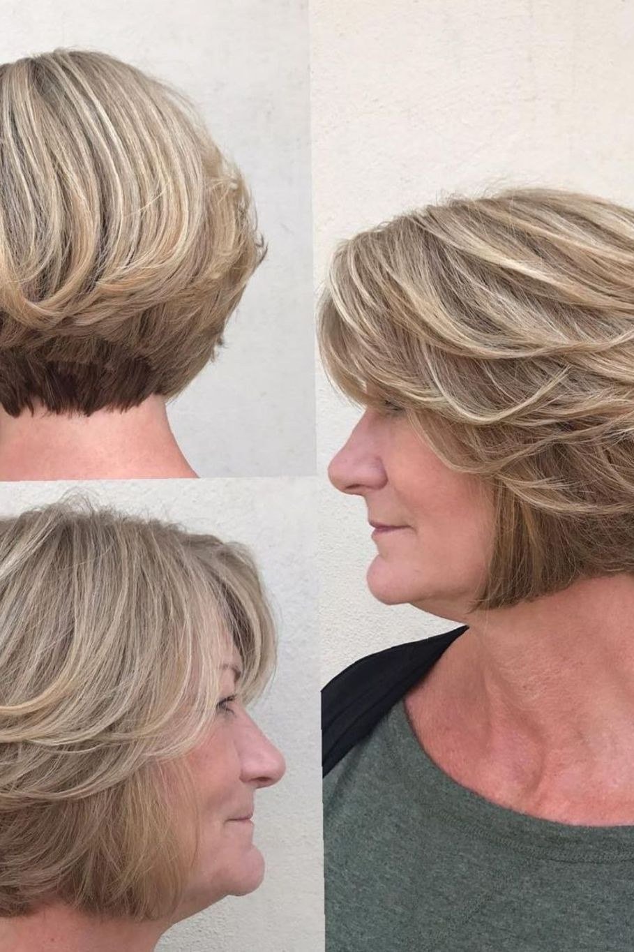Voluminous blonde layered bob, 3-view collage - voluminous layered bob hairstyle for women over 50