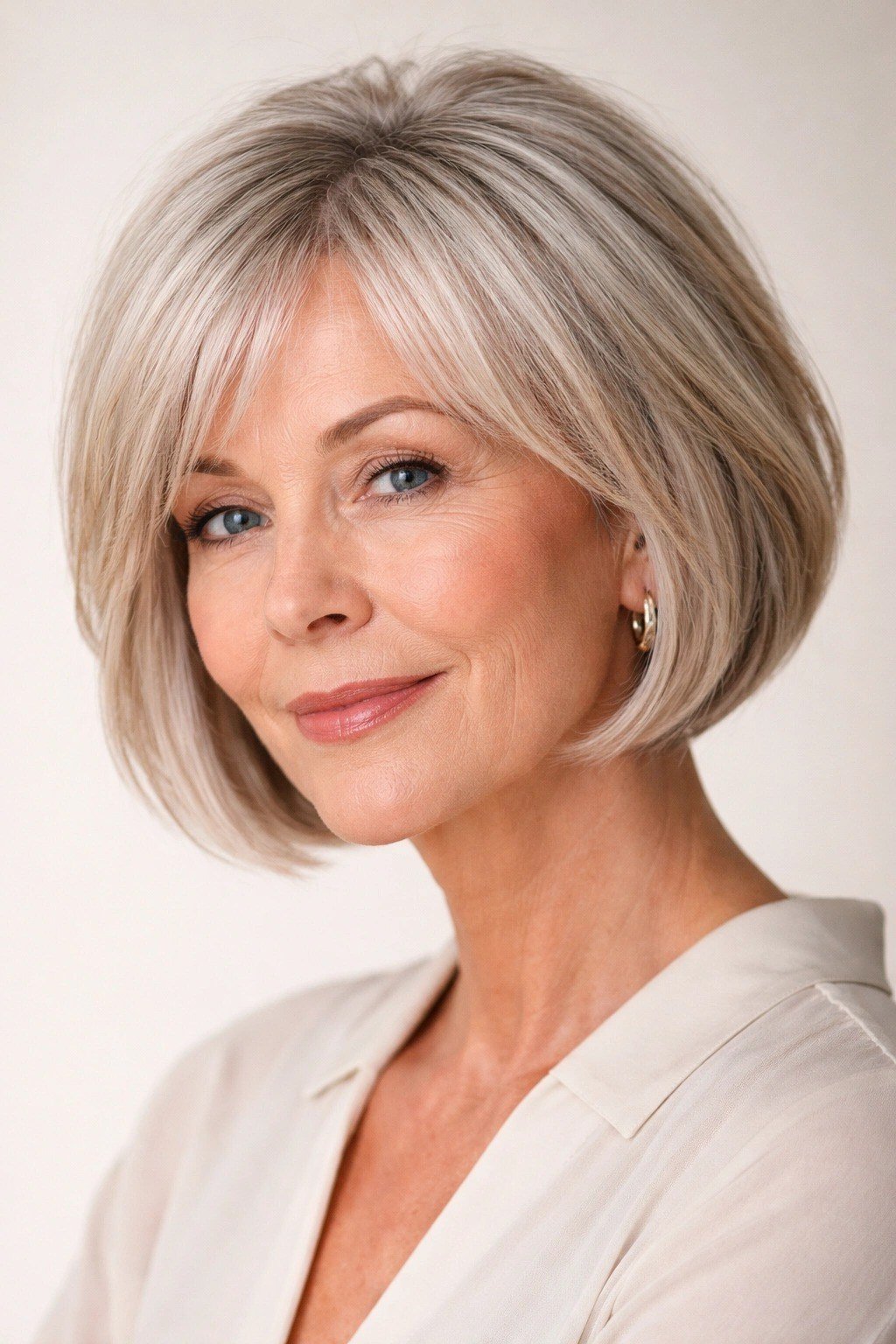 Blonde layered bob, front view, mature - voluminous layered bob hairstyle for women over 50