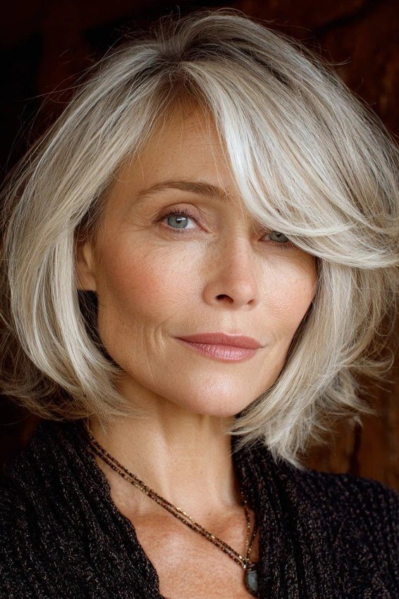 Blonde bob with bangs, front view, mature - voluminous layered bob hairstyle for women over 50