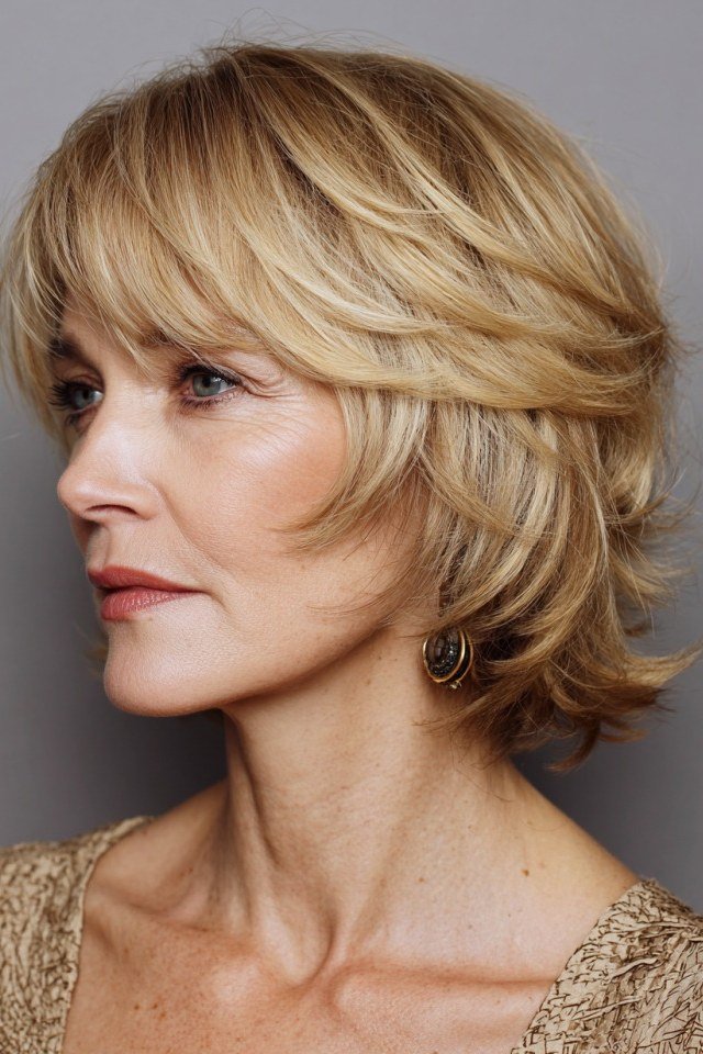Blonde layered bob, side view, mature - voluminous layered bob hairstyle for women over 50