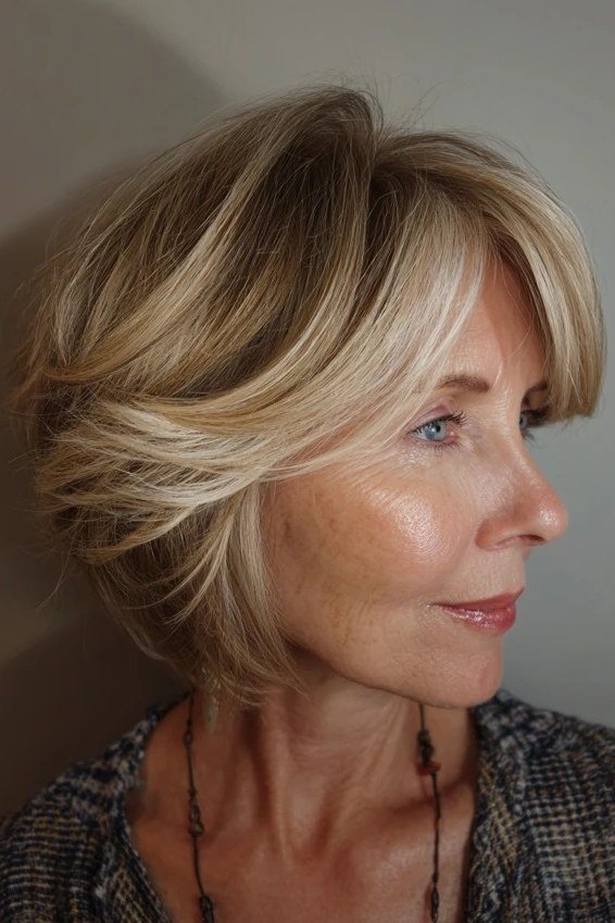Highlighted layered bob, front view, mature - voluminous layered bob hairstyle for women over 50