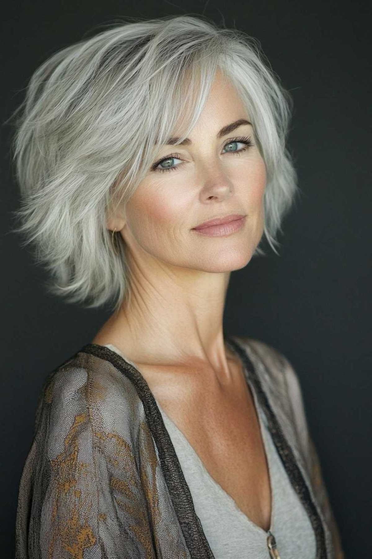 Golden layered bob, side view, mature - voluminous layered bob hairstyle for women over 50