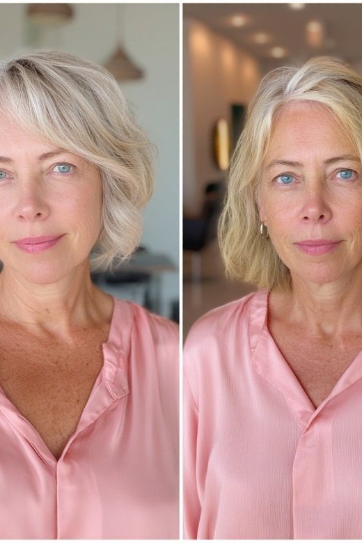 Blonde layered bob, before-after collage - voluminous layered bob hairstyle for women over 50