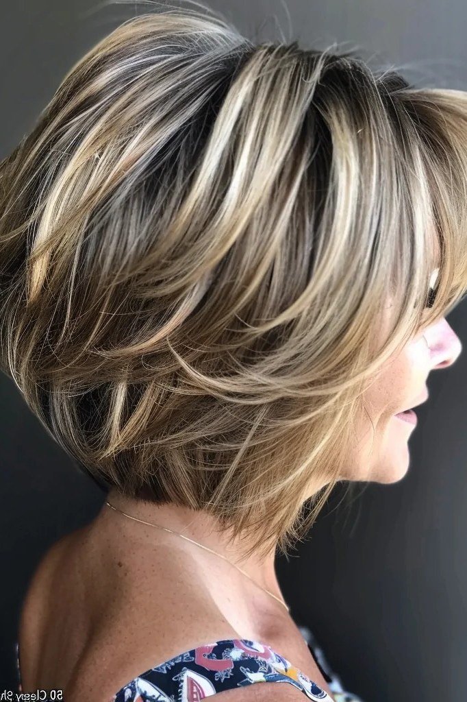 Blonde layered bob, side view, mature - voluminous layered bob hairstyle for women over 50