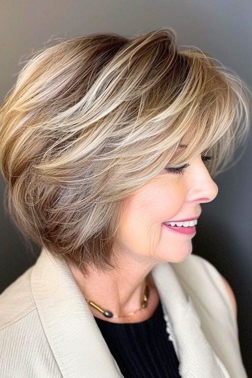 Blonde layered bob, side view, mature - voluminous layered bob hairstyle for women over 50