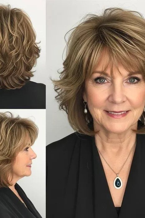 Blonde layered bob, 4-view collage, mature - voluminous layered bob hairstyle for women over 50
