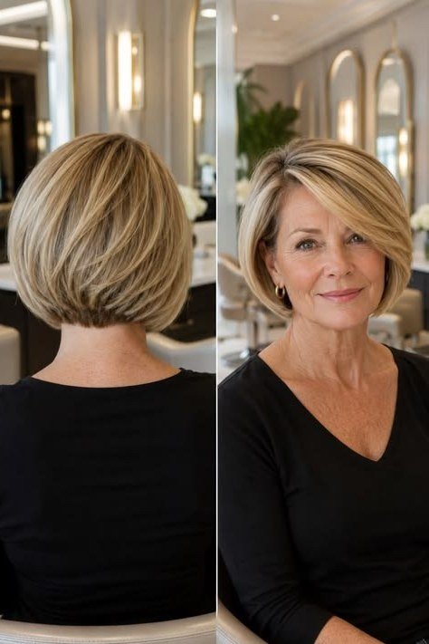 Blonde layered bob, front-back collage, salon - voluminous layered bob hairstyle for women over 50